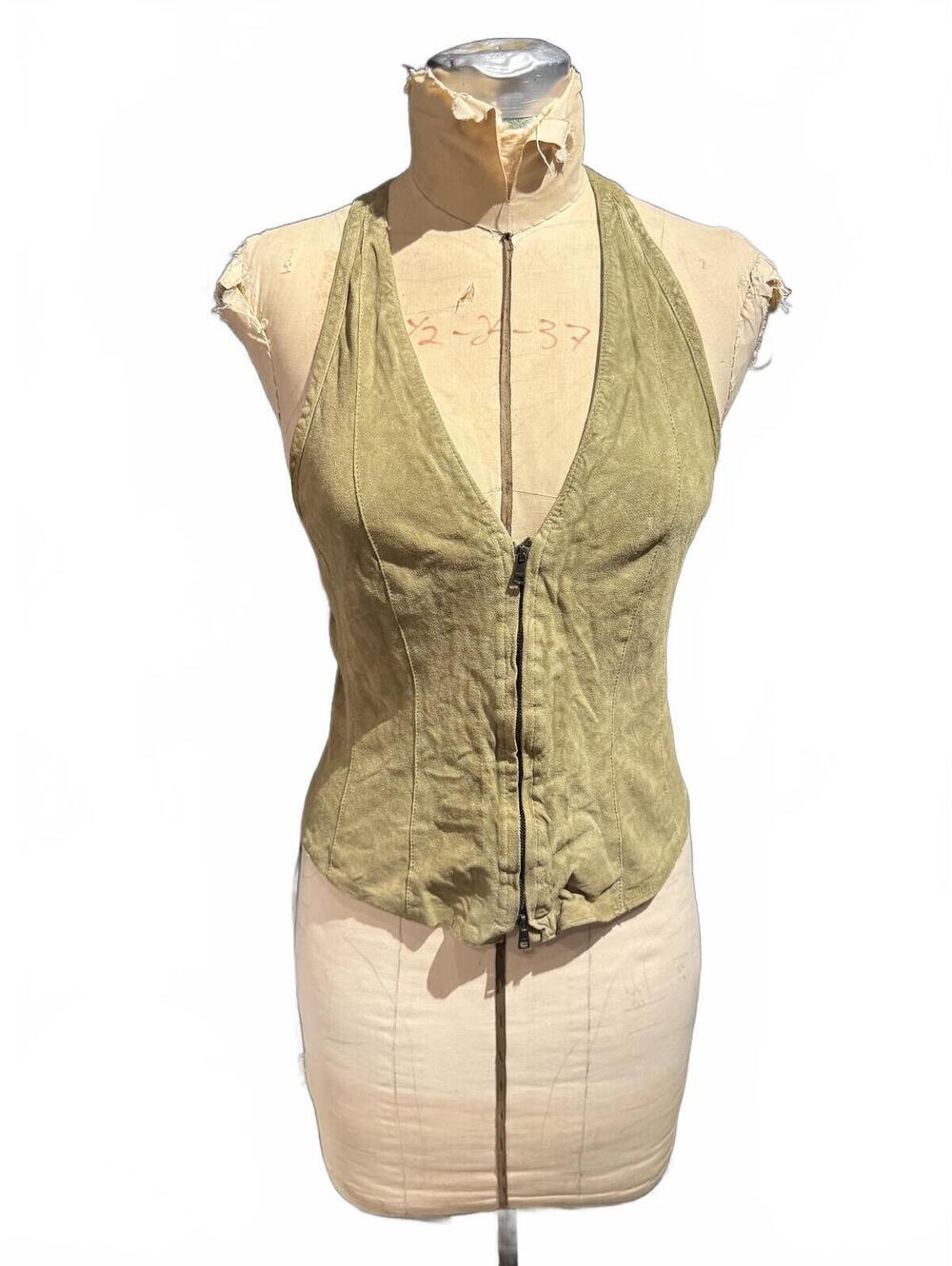 Marc Cain Vintage Olive Green Sueded Halter Vest with Front Zipper